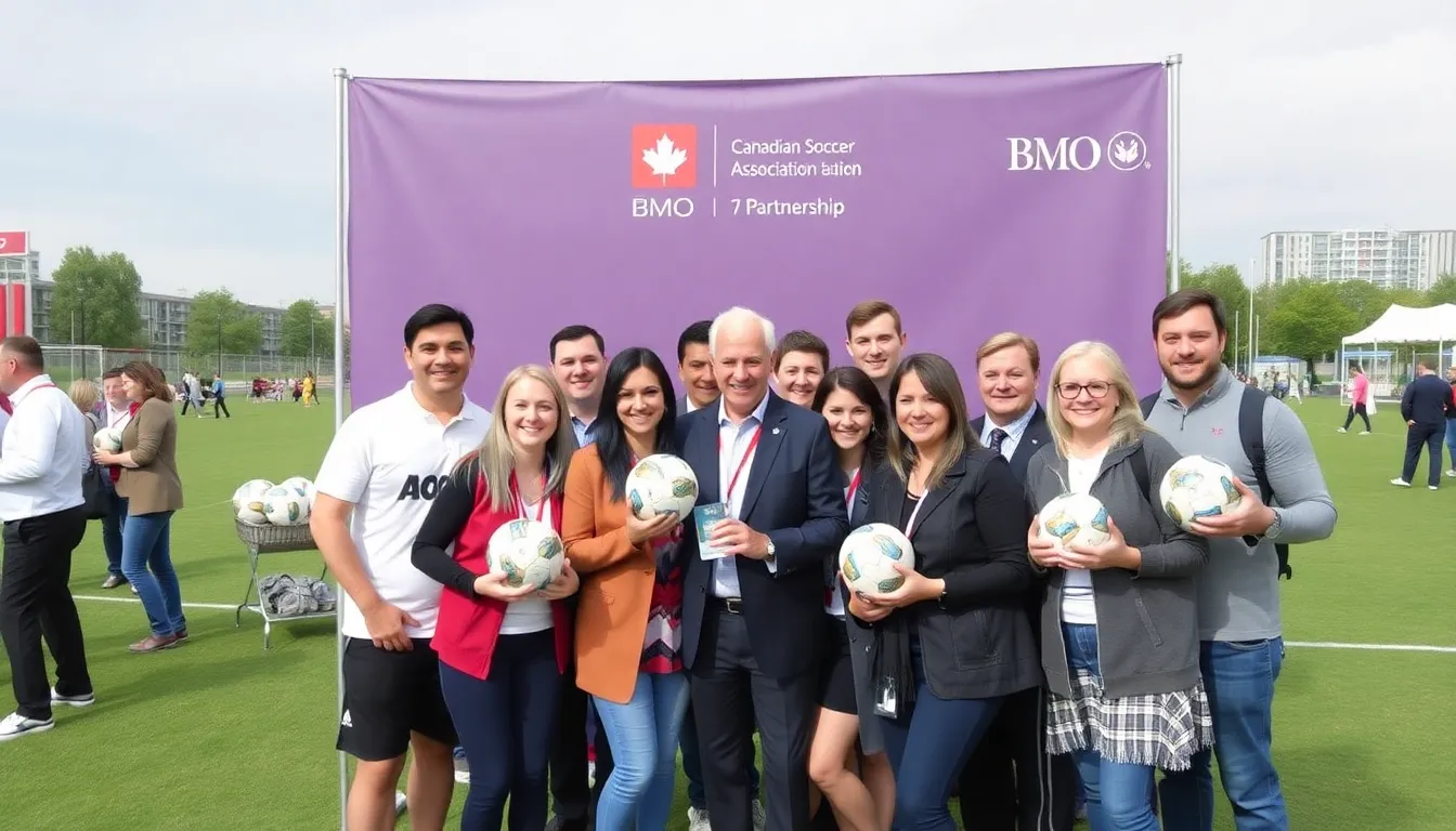 A group of young soccer players practicing on a field, representing grassroots initiatives supported by Canada Soccer and BMO's partnership
