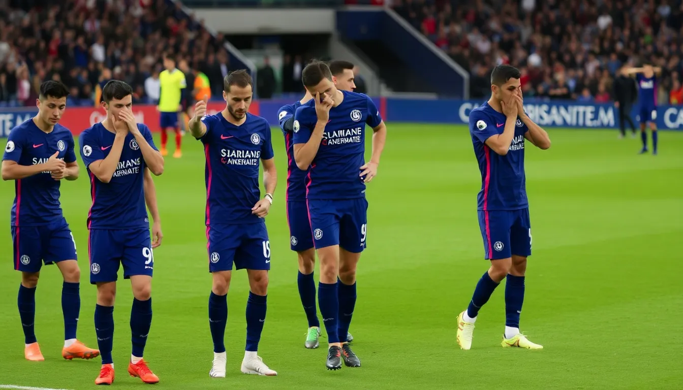 Chelsea players react in disappointment as Paris SaintGermain celebrates a late goal during their UEFA Champions League match at Stamford Bridge.