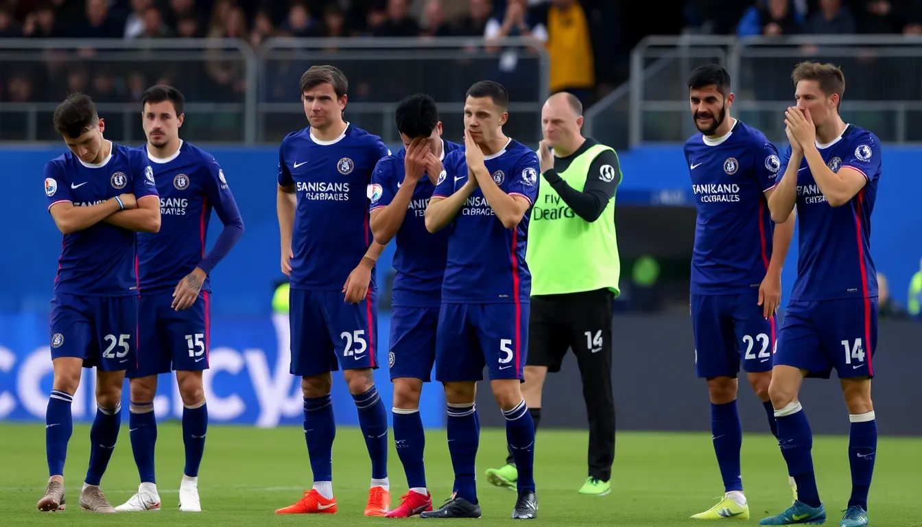 A tense moment as Chelsea's defense struggles to cope with PSG's attacking pressure in the final minutes