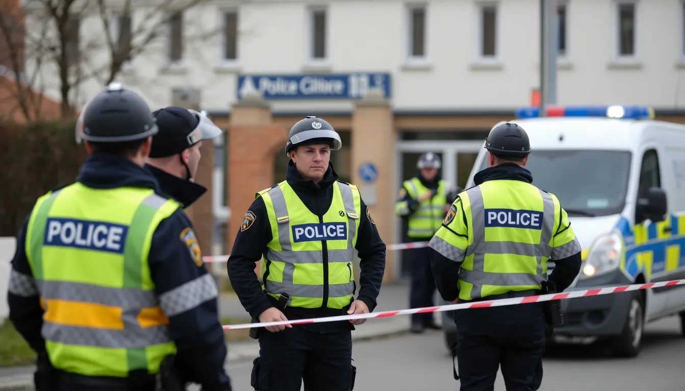 Czech police officers lead handcuffed suspects out of a building during a major operation against matchfixing in football.