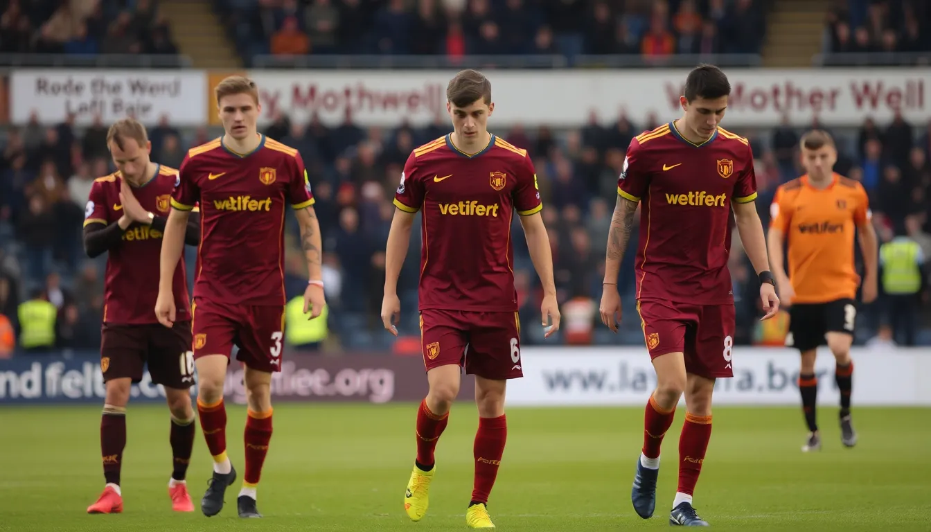The Motherwell coaching staff discussing strategies on the sidelines after the disappointing loss