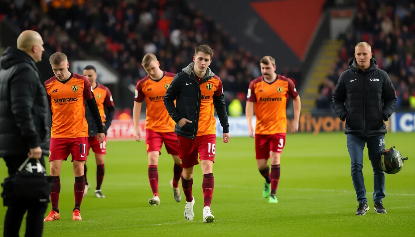 A tense moment captured as Motherwell players react to a missed opportunity during the match against Dundee