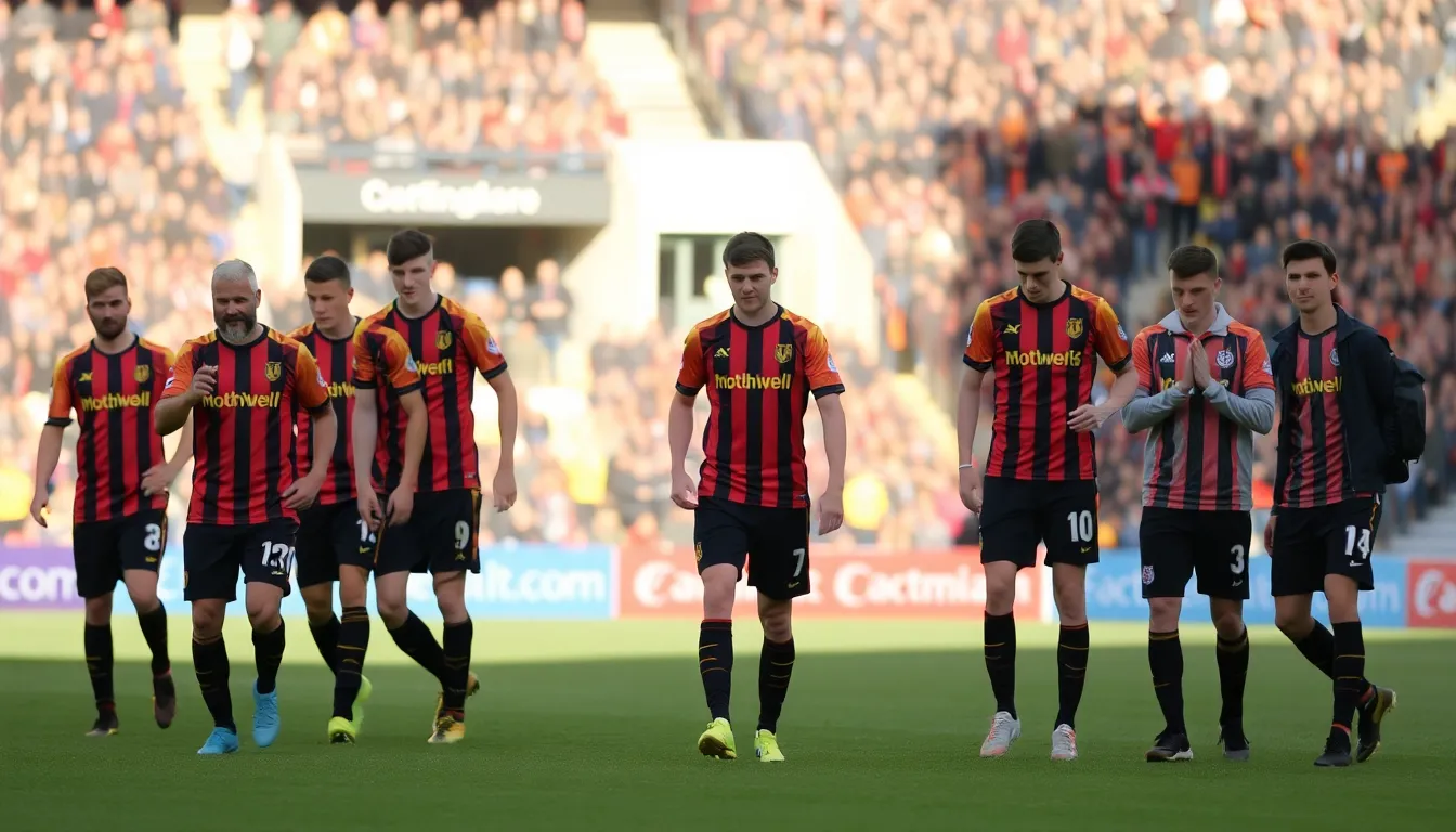 Motherwell players show disappointment on the pitch after their 21 defeat to Dundee, reflecting the impact of the loss on their title aspirations.