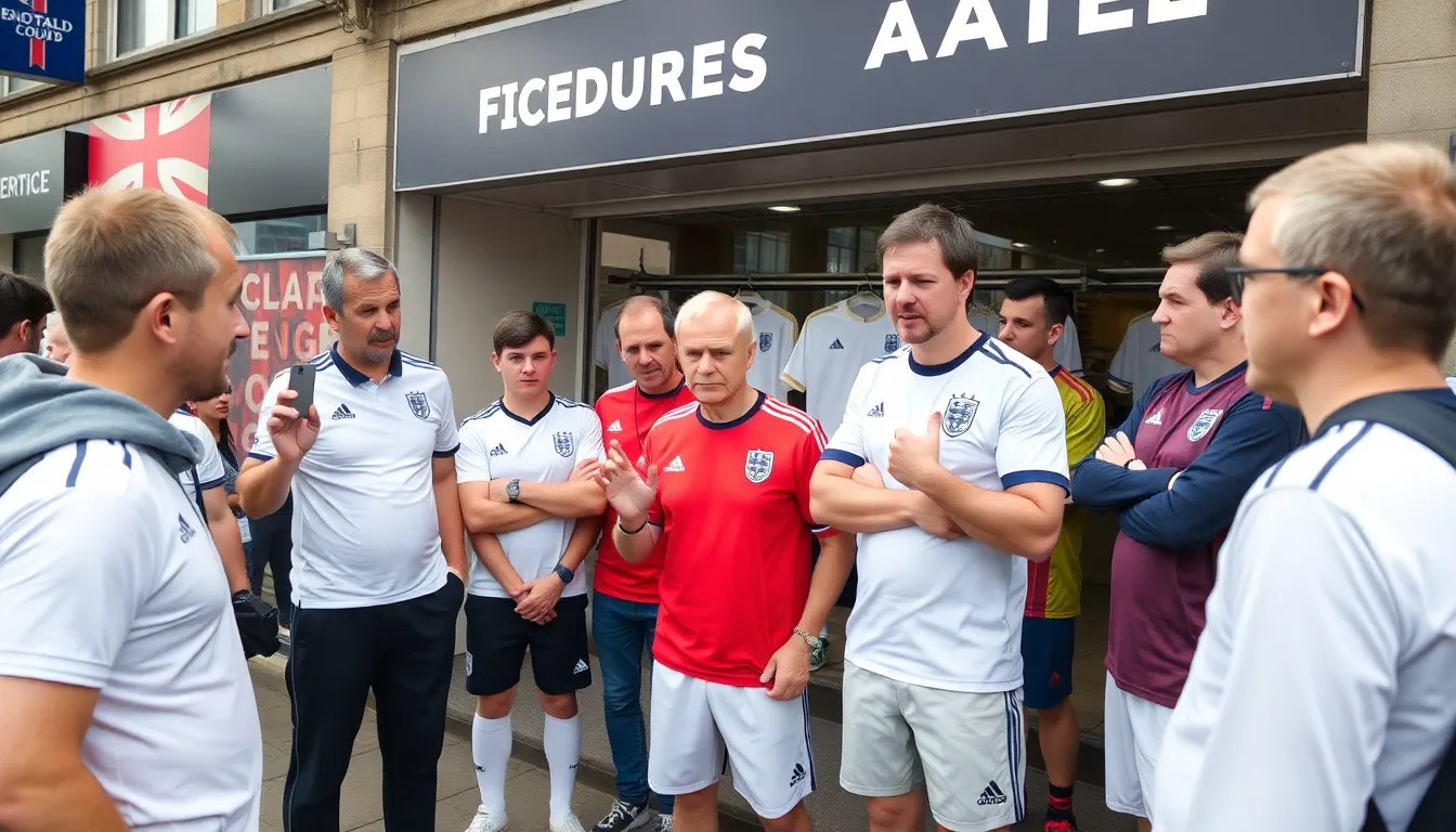 England football supporters gather outside a sports store, expressing their frustration over the rising prices of official team kits.