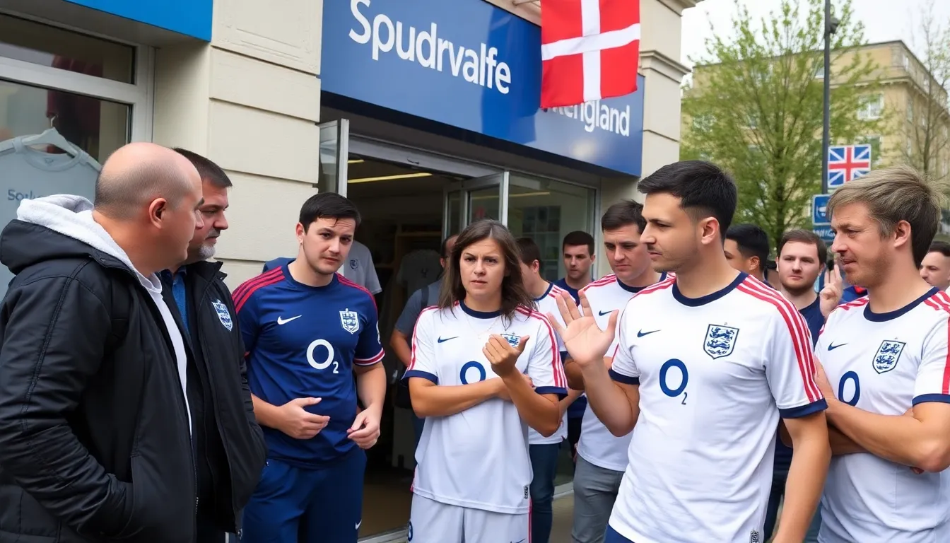 A closeup of an England football kit on display, illustrating the commercialization and rising prices that have become a concern for loyal fans