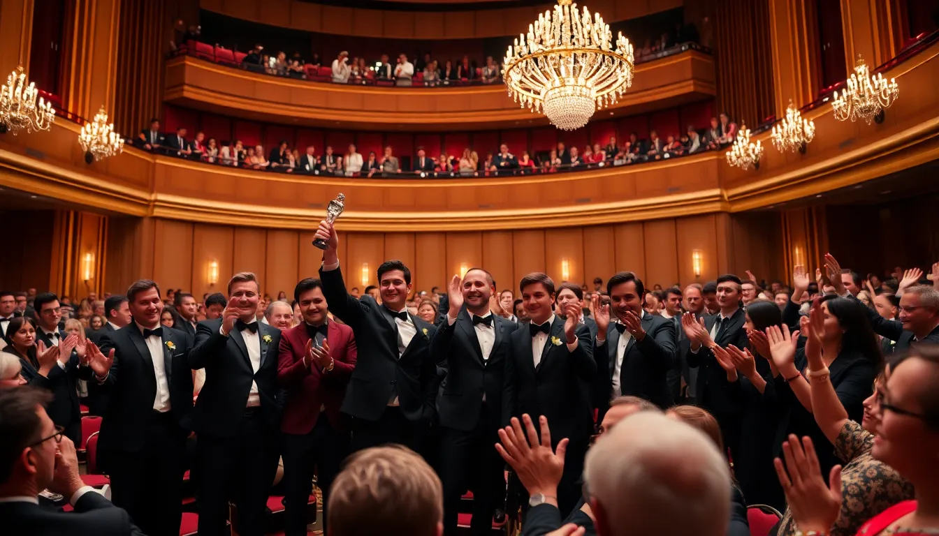 A crowd of enthusiastic fans cheers as the F1 Movie team celebrates their Oscar win for Best Sound at the 95th Academy Awards ceremony.