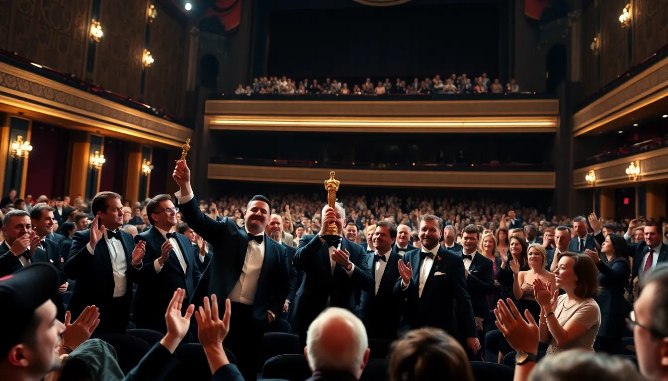 The film production team rejoicing together after receiving the prestigious Oscar, symbolizing their hard work and dedication to sound design