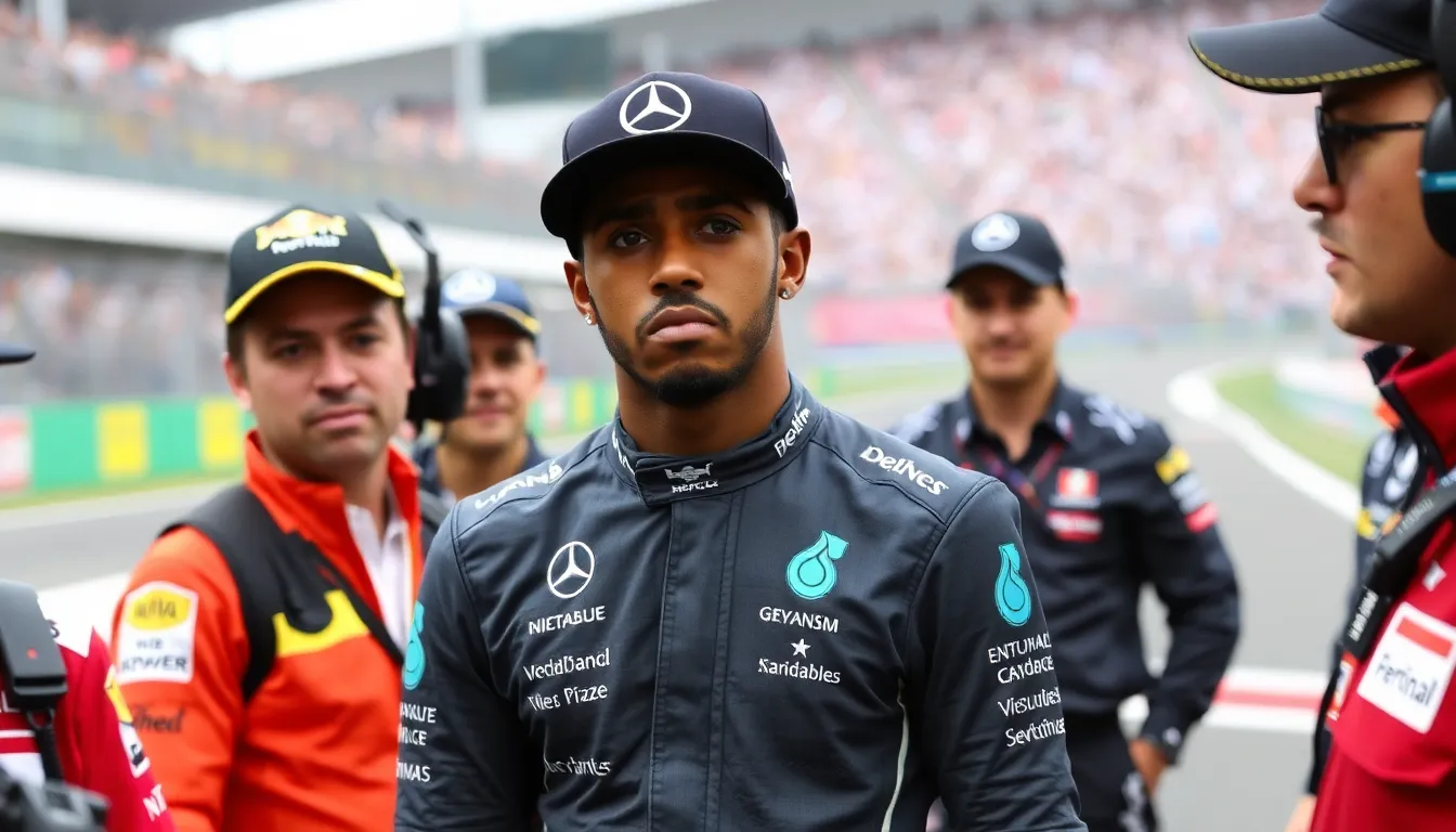Lewis Hamilton stands beside his Mercedes car at the Suzuka Circuit, visibly frustrated after finishing the Japanese Grand Prix outside the podium positions.