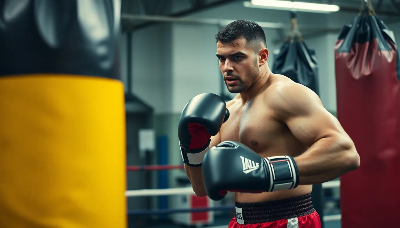 Moses Itauma trains intensely in a boxing gym, showcasing his powerful punches and focused demeanor as he prepares for a potential heavyweight title challenge.