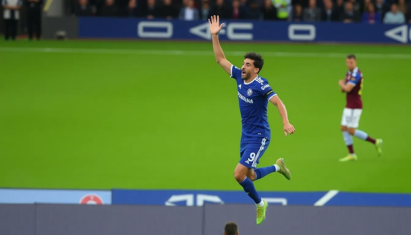 Chelsea players rallying around João Pedro after he completes his hattrick, highlighting the team's camaraderie and determination