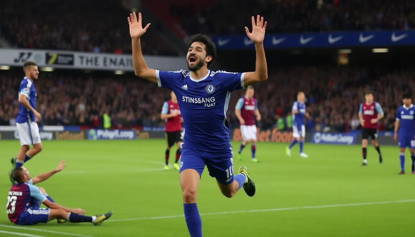 João Pedro celebrates with his teammates after scoring his third goal, leading Chelsea to a comeback victory against Aston Villa at Villa Park.