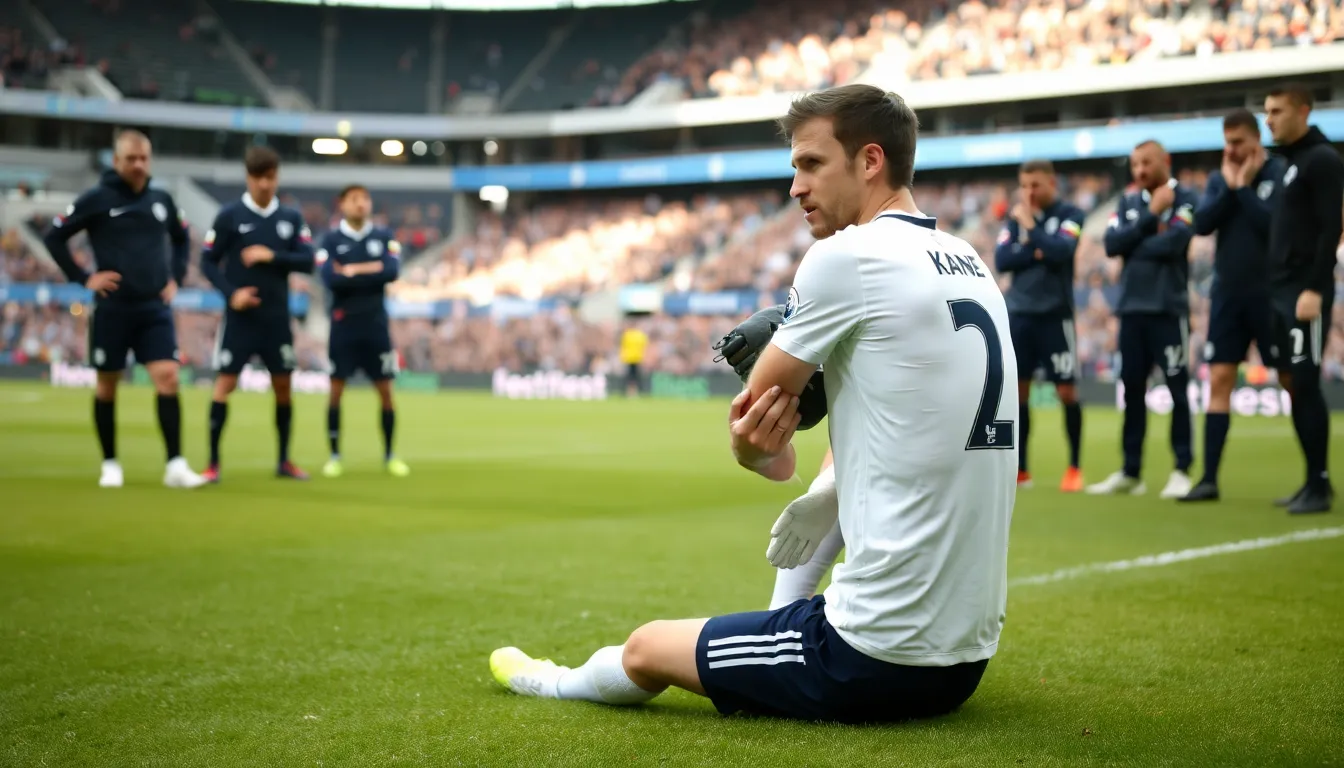 Harry Kane is seen sitting on the sidelines with a bandaged ankle, looking dejected as his teammates continue to play during a match against Manchester City.