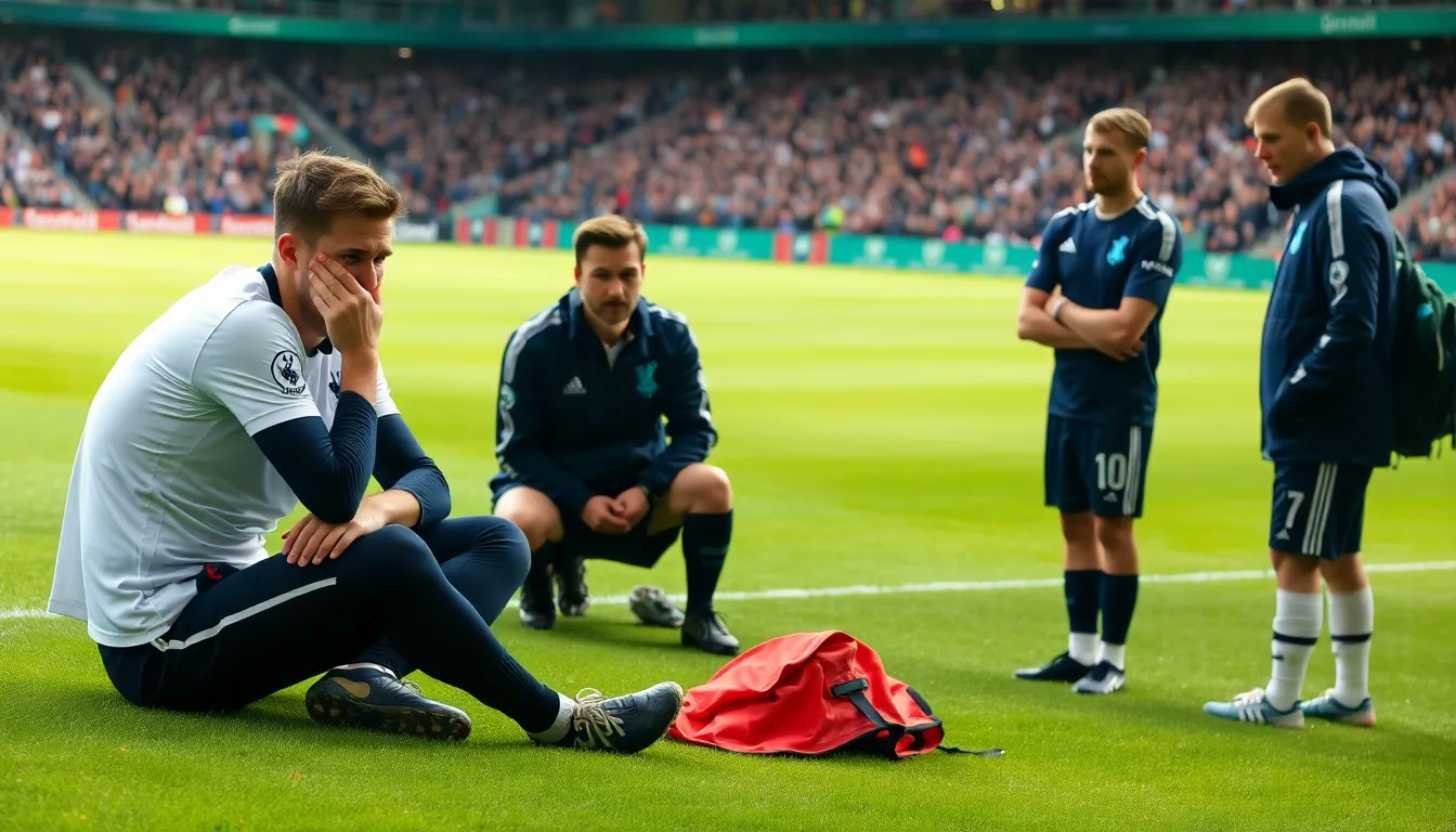 A concerned Tottenham Hotspur bench reacts as Kane is attended to by medical staff following his injury