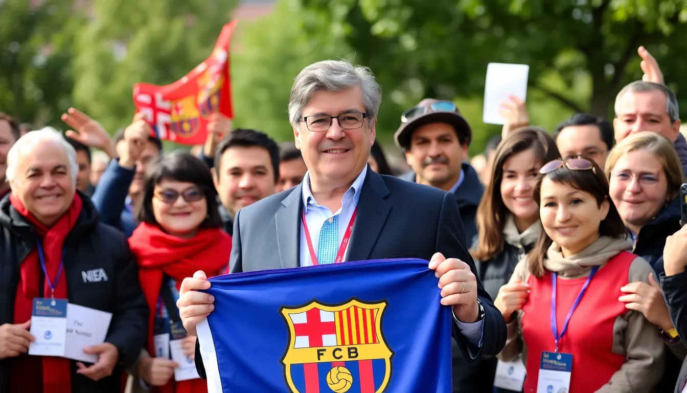 Joan Laporta stands confidently at a podium, addressing a crowd of enthusiastic FC Barcelona supporters celebrating his reelection as president.