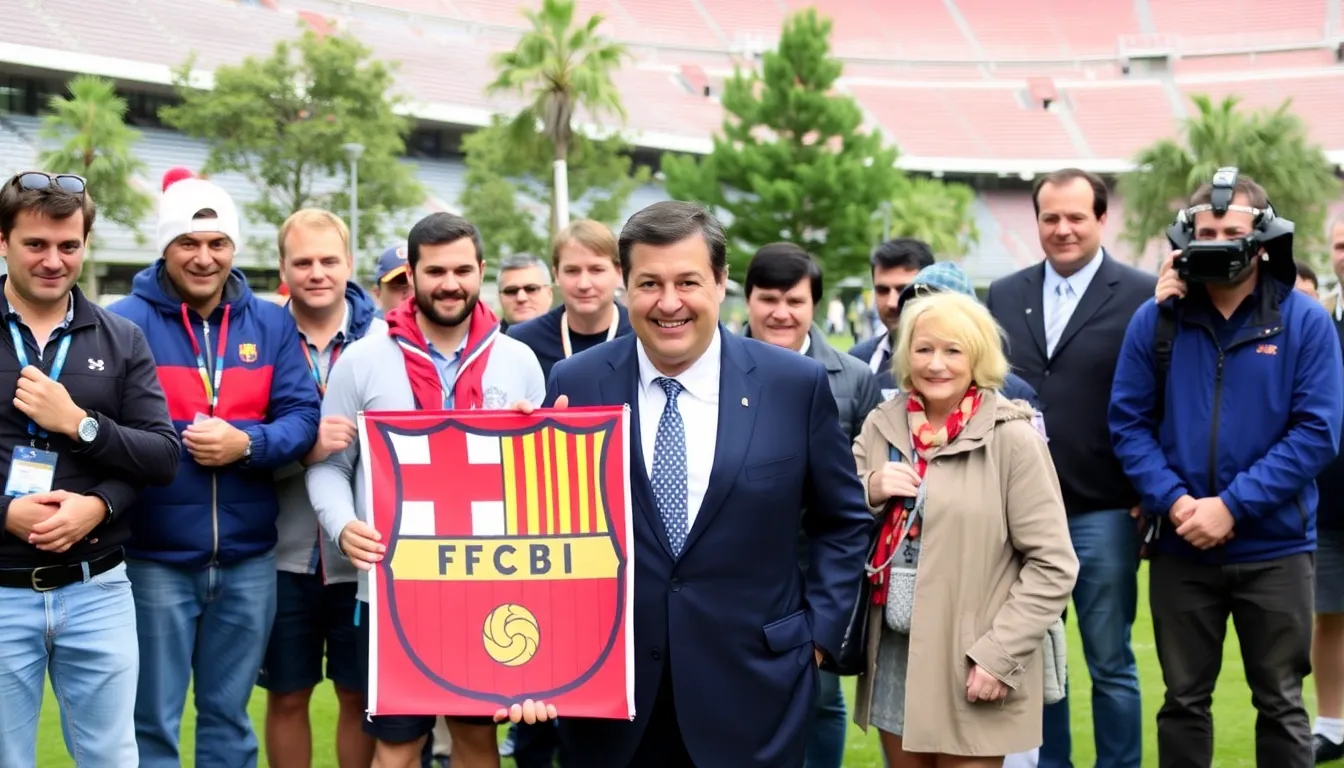 Supporters of FC Barcelona celebrating Laporta's reelection, highlighting the strong emotional connection between fans and the club's leadership
