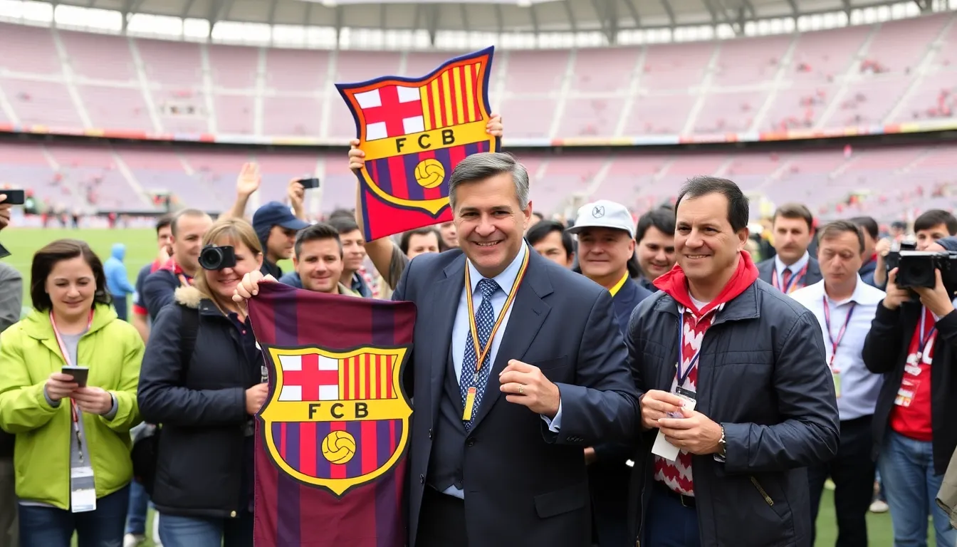 A closeup of Laporta's confident demeanor as he outlines his vision for revitalizing the team's competitive spirit and financial health