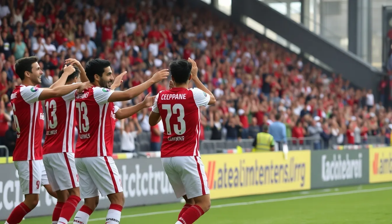 Fans cheer passionately in the stands, celebrating Leverkusen's important win in the Bundesliga