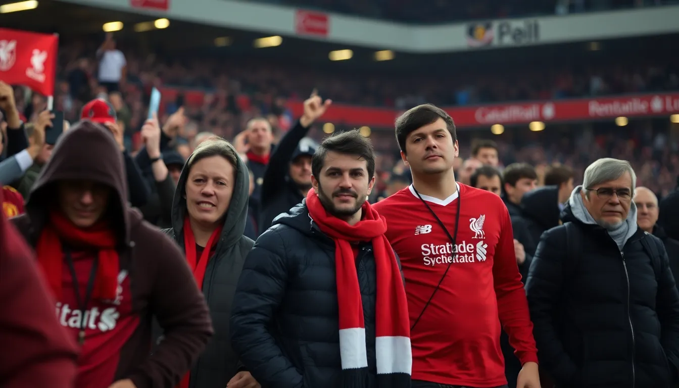 A vibrant Liverpool crowd holding banners, hoping for a return to the highenergy football that characterized the club's successful era