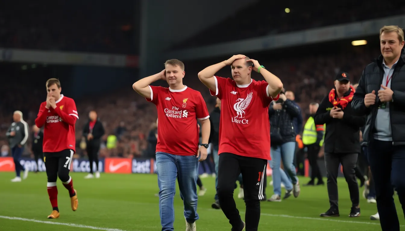 Fans at Anfield showing concern with their expressions as they witness the team's struggle to replicate past performances