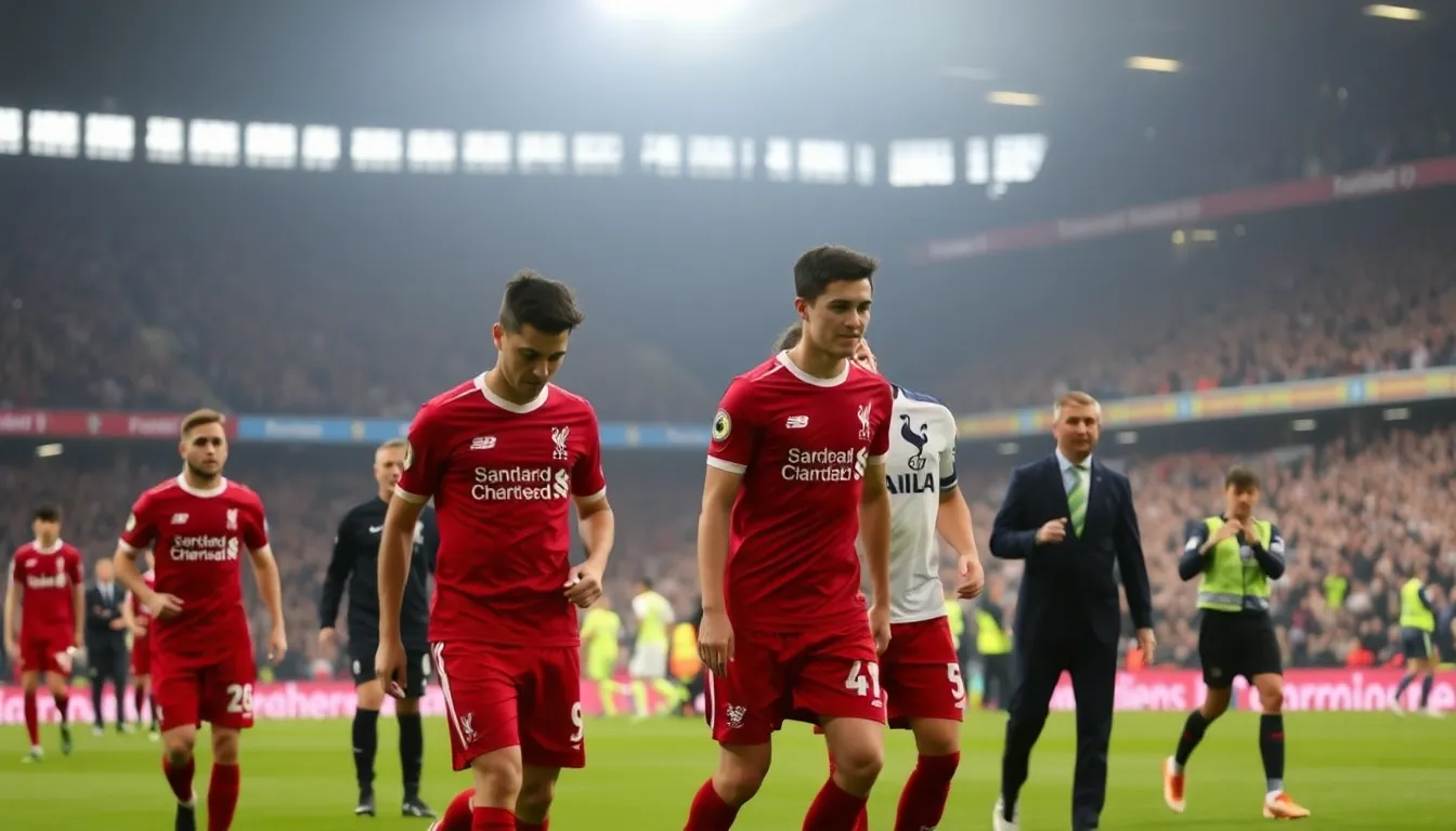 Liverpool players celebrate after scoring an equalizer during a tense Premier League match against Tottenham Hotspur at Anfield.