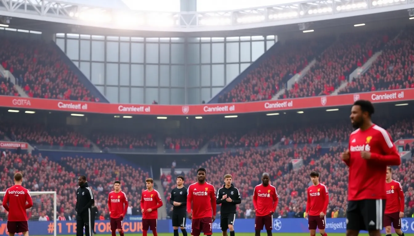Fans gather outside the stadium, wearing team jerseys and scarves, eagerly anticipating the rescheduled Manchester United and Liverpool match set for a Sunday afternoon.