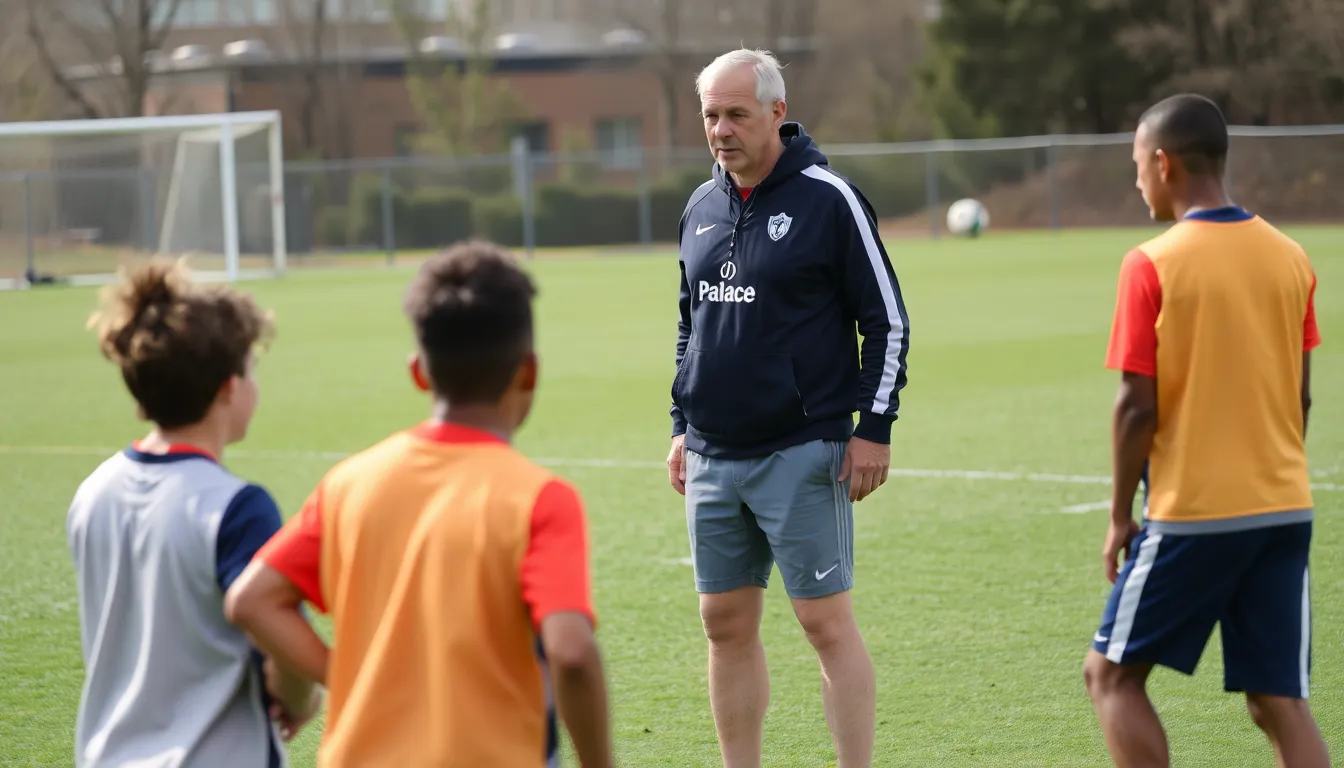 Crystal Palace players training on the pitch, focusing on improving their offensive strategies in preparation for an upcoming match against a toptier opponent