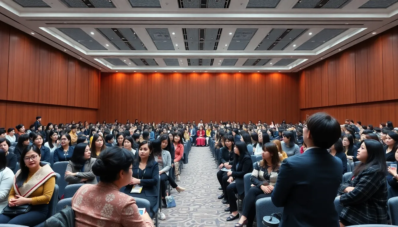 A vibrant scene capturing the collaboration between stakeholders at the AWCL, emphasizing the commitment to promoting women's leadership and representation
