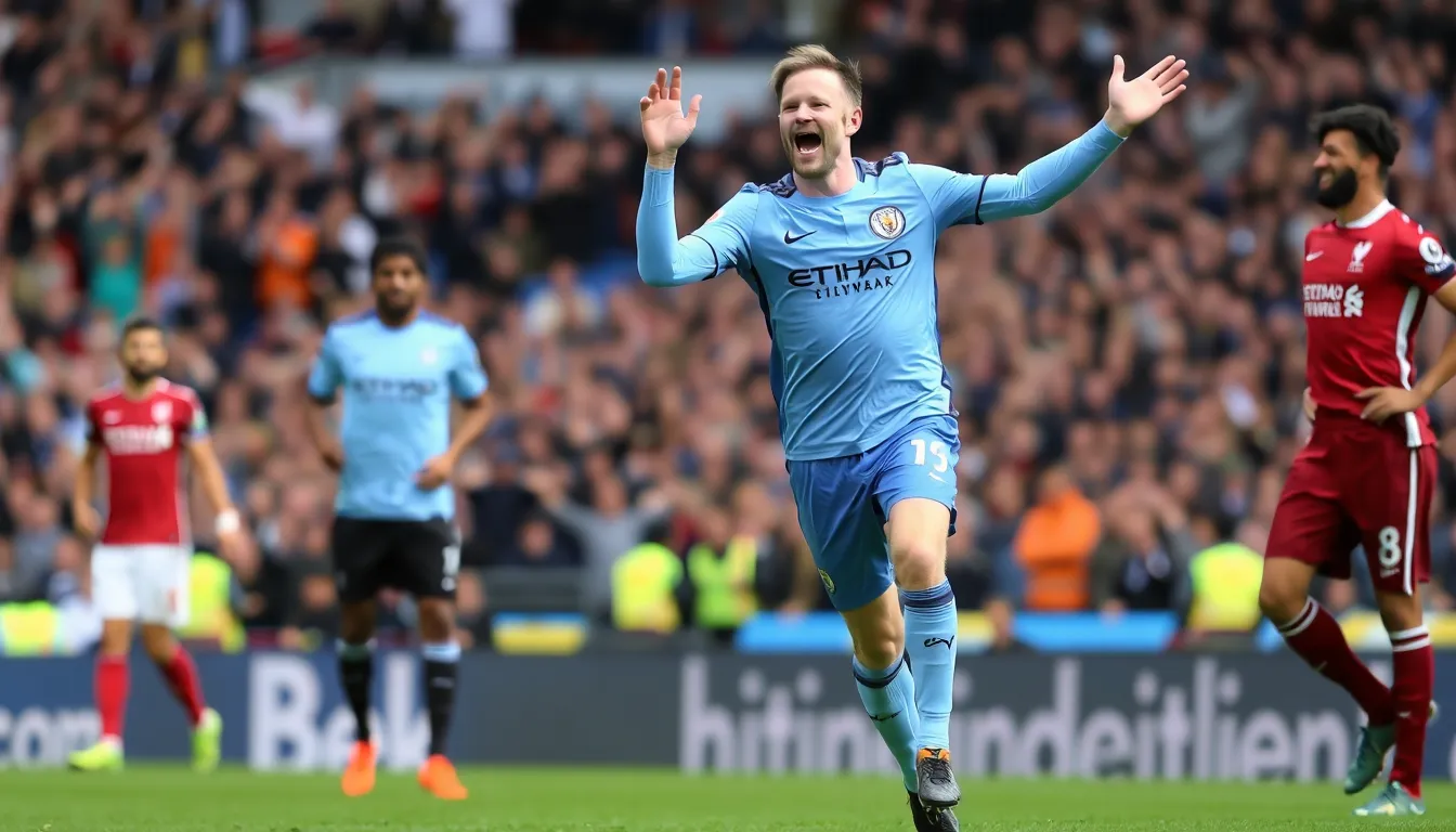 Fans celebrate Manchester City's 40 victory over Burnley, with supporters waving flags and cheering in the stands.