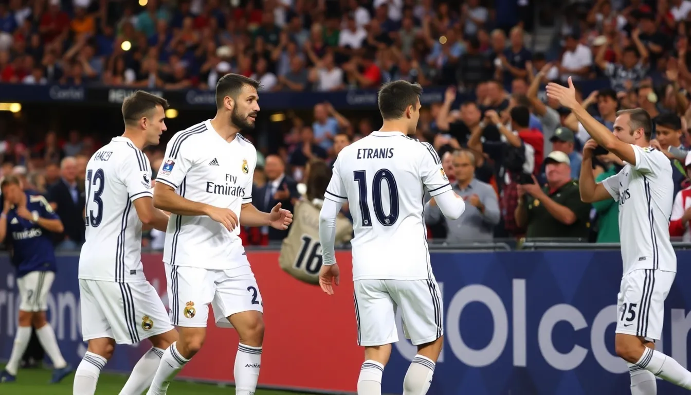 A vibrant crowd of enthusiastic fans cheering for Real Madrid as they showcase their skills on the field