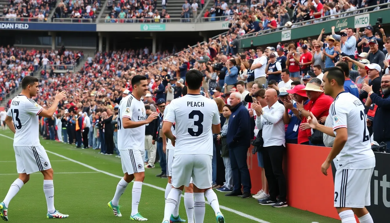 Real Madrid players celebrate after scoring a goal during their 50 victory against the MLS AllStars at Allegiant Stadium in Las Vegas.