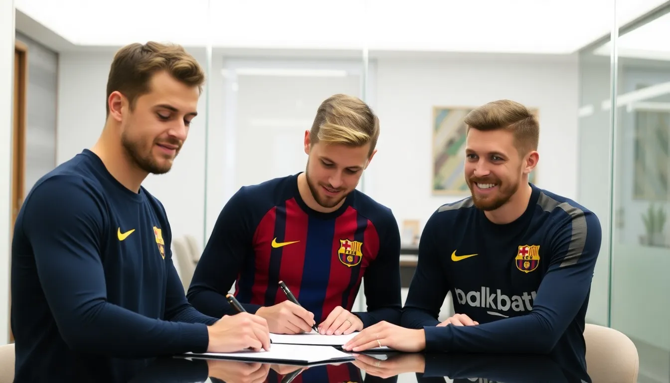 Gerard Piqué, Sergio Busquets, and Frenkie de Jong sit together in a press conference room, visibly concerned as they discuss the recent salary cuts imposed by FC Barcelona amid the club's financial struggles.