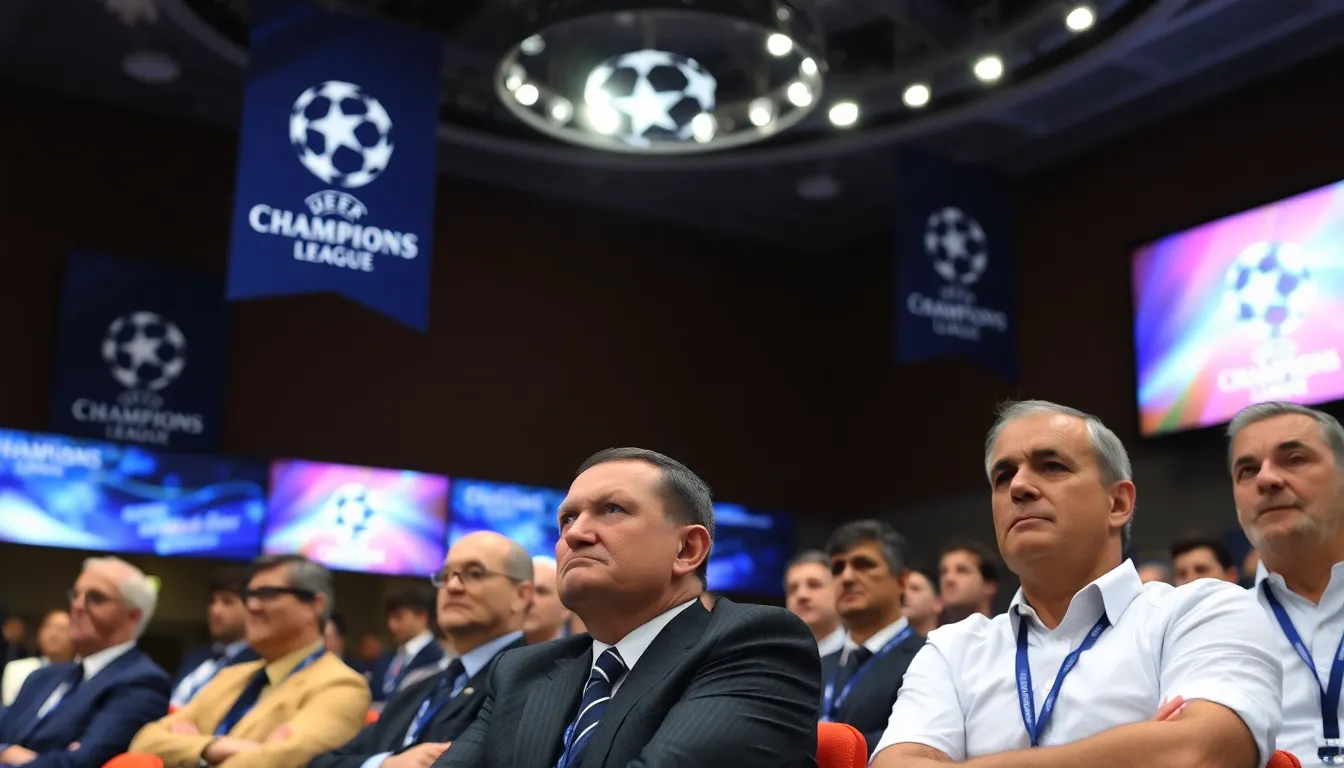 Fans gather in anticipation as the UEFA Champions League draw is announced, showcasing excitement for the upcoming matches featuring top European clubs.