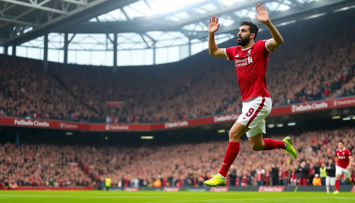 Liverpool players celebrate after scoring a goal during their 41 victory over Manchester United at Anfield, showcasing a dominant performance led by Mohamed Salah.
