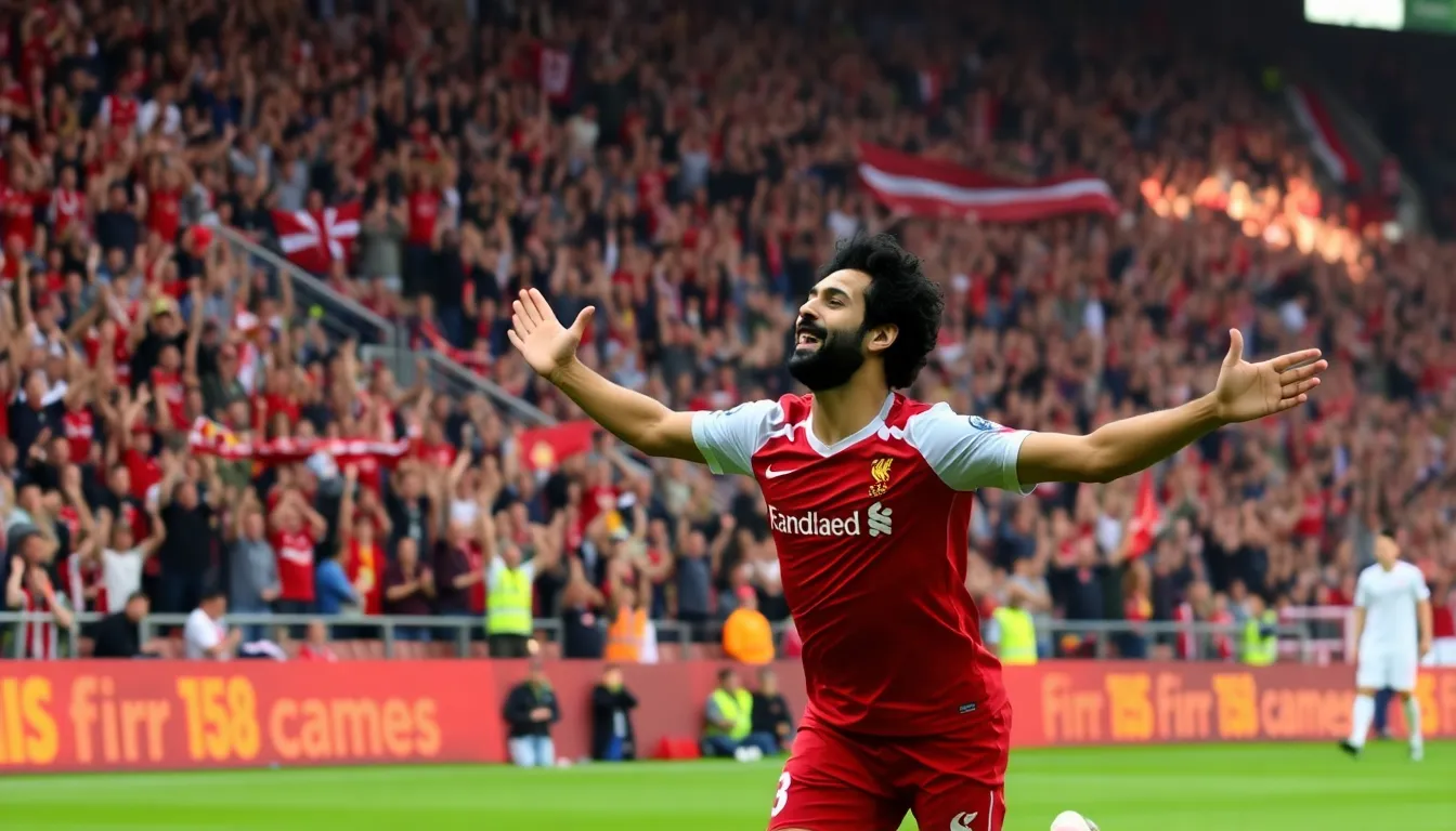 The jubilant crowd at Anfield, filled with passionate fans cheering and waving flags, reflecting the electric atmosphere of the match
