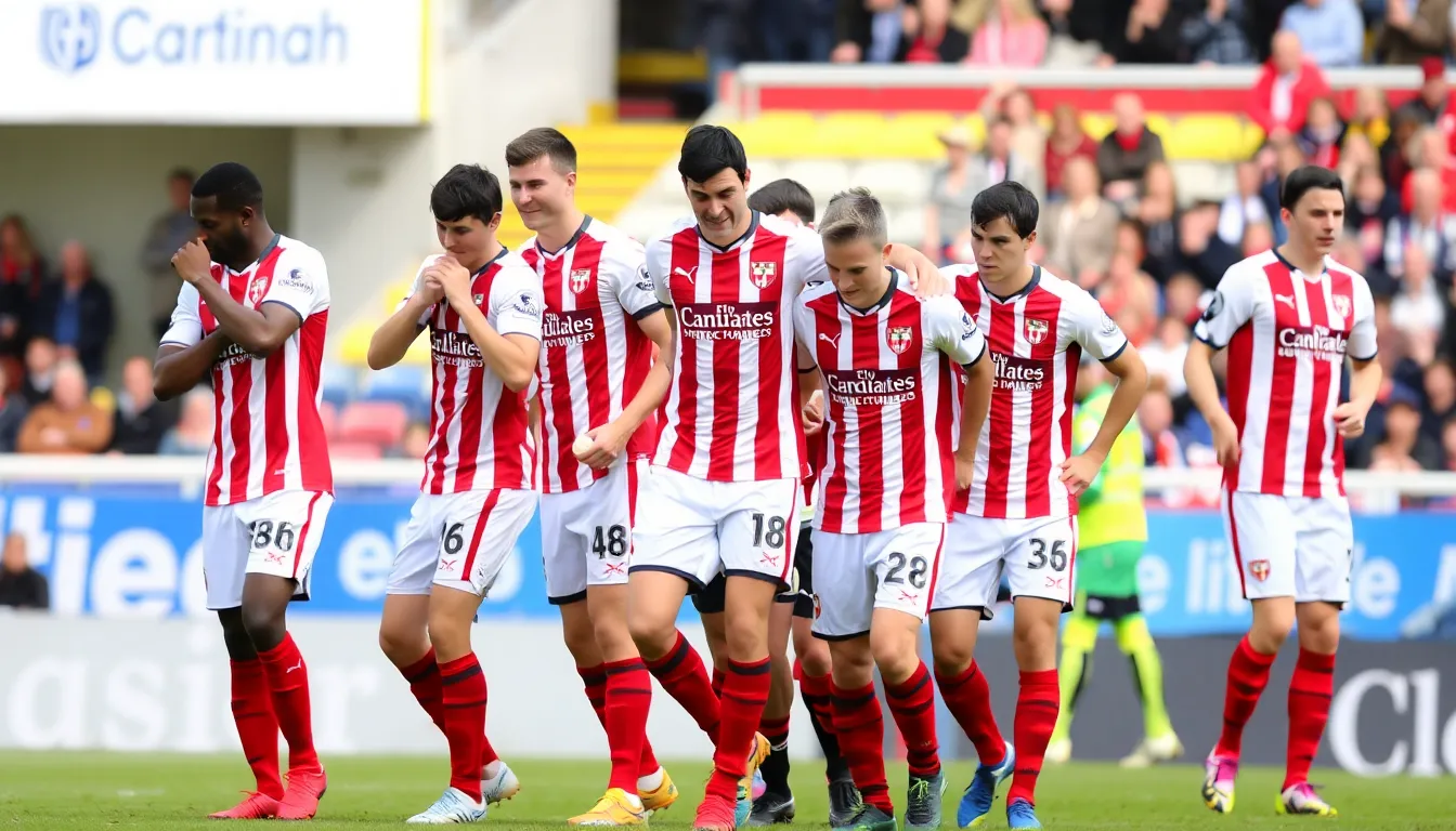 Sunderland players huddle together on the pitch, displaying determination and camaraderie after their narrow defeat to Brighton in a tense league match.