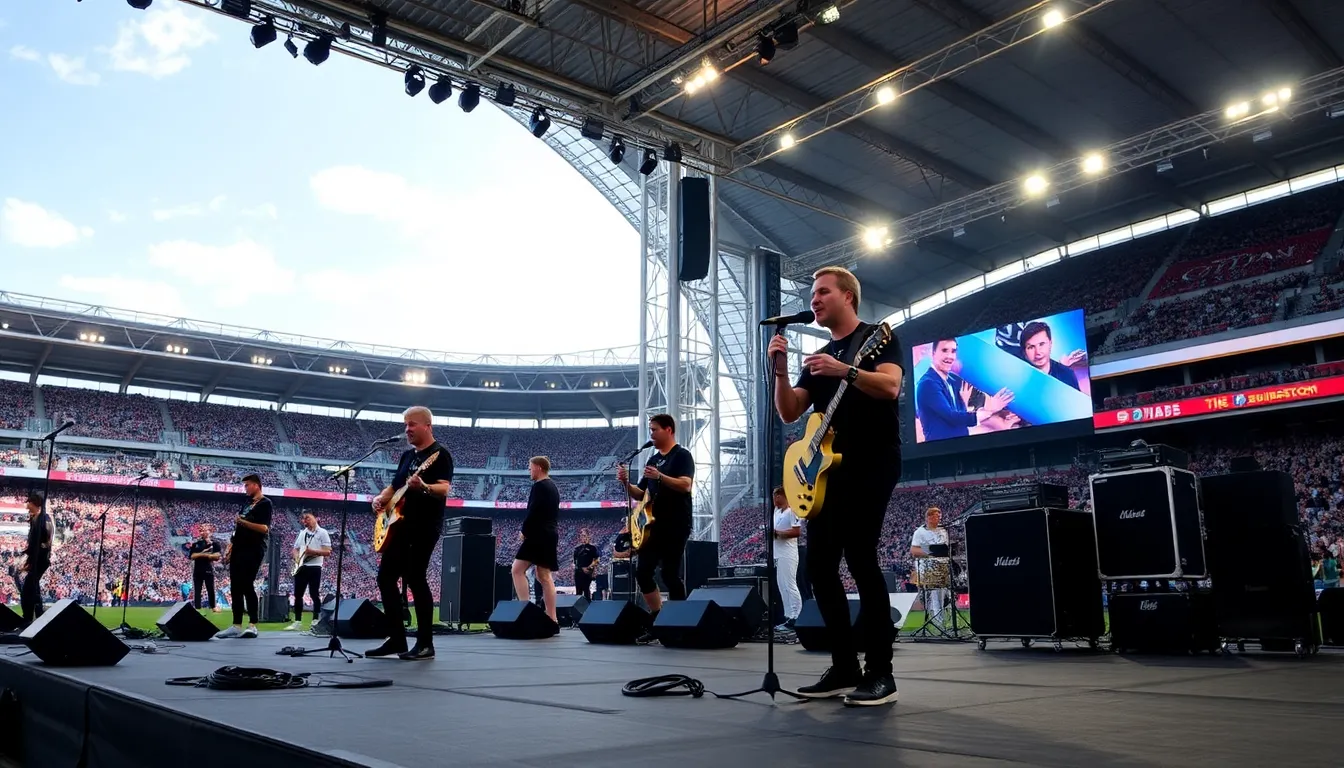 The Killers perform on stage in front of a large crowd during the prematch show for the UEFA Champions League final at the Atatürk Olympic Stadium in Istanbul.
