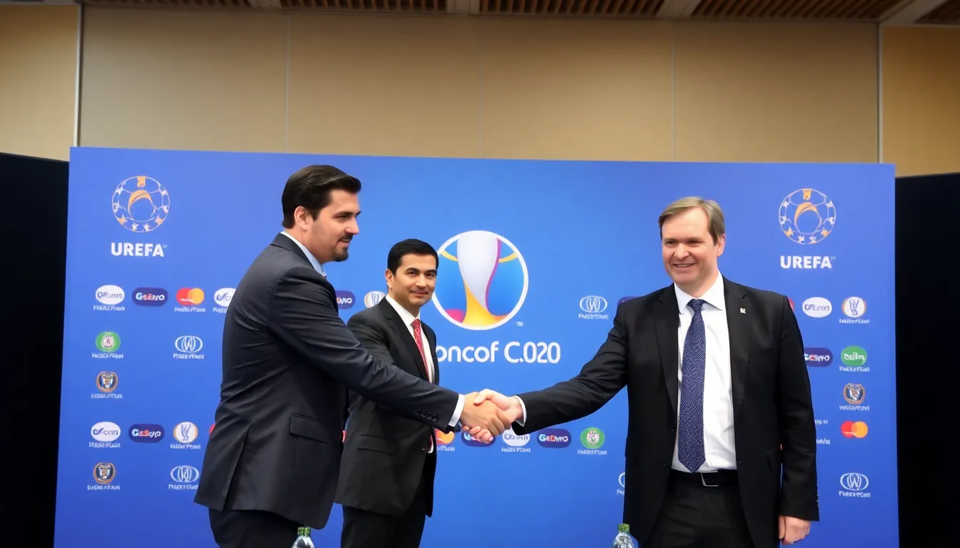 UEFA officials and representatives from the Schwarz Group shake hands during the announcement of their new partnership aimed at enhancing brand visibility across Europe.