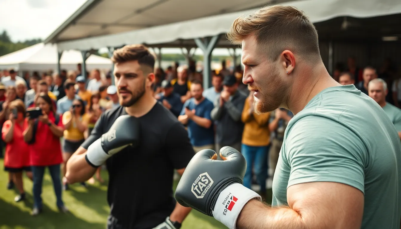 Oleksandr Usyk stands confidently in the boxing ring, showcasing his championship belts while surrounded by a cheering crowd during a recent press event.
