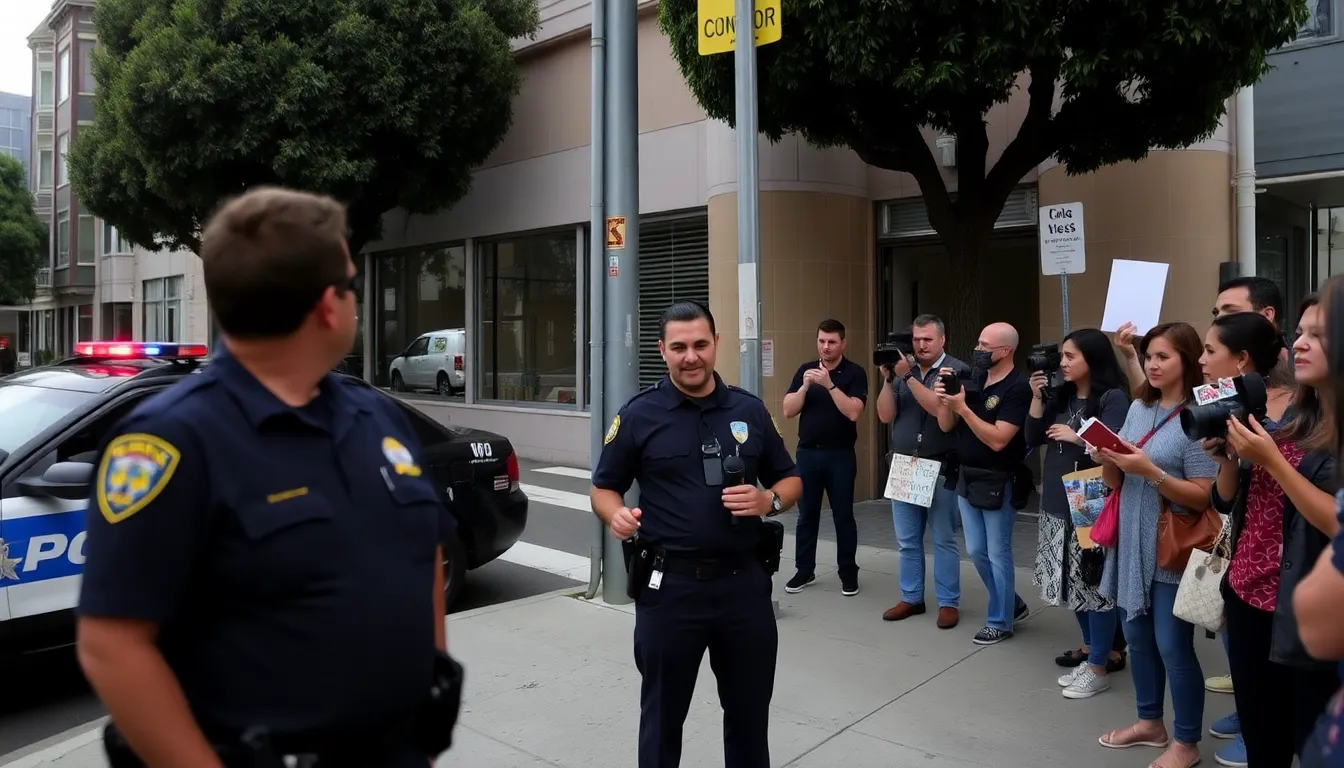Two Valencia employees stand outside a courthouse, surrounded by reporters and cameras, as they face charges for neglecting a 12yearold minor.
