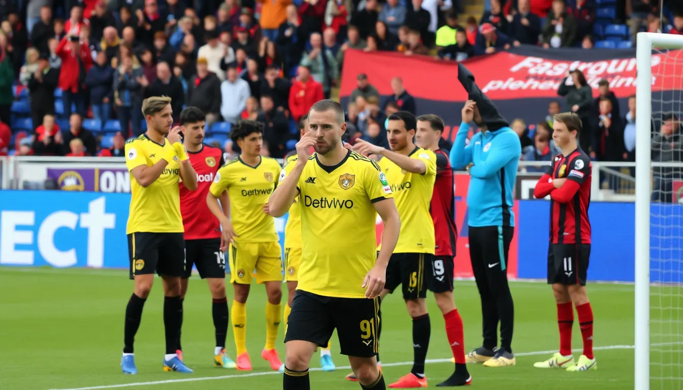 Leeds United players express their frustration on the pitch while discussing a controversial VAR decision during the match against AFC Bournemouth.