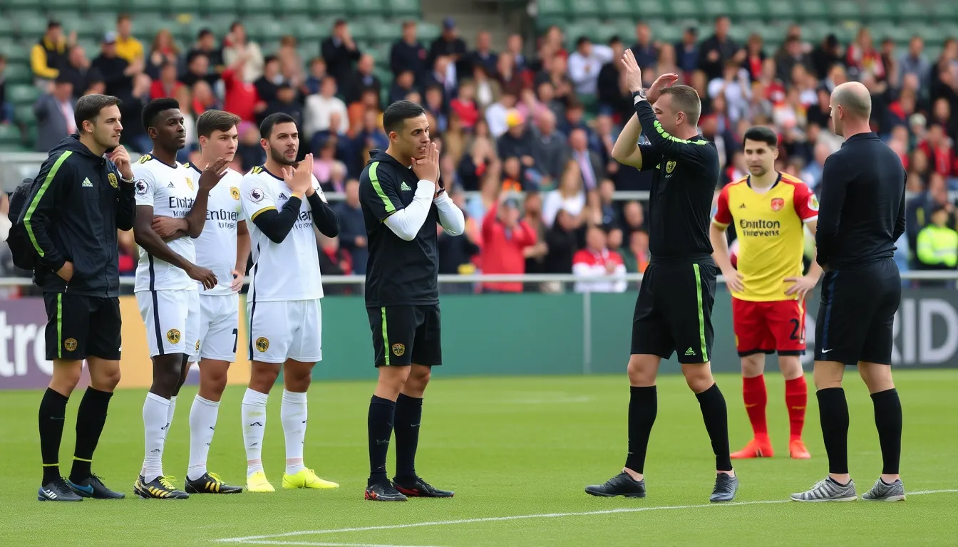Bournemouth players anxiously await the referee's decision after a controversial handball incident during the match