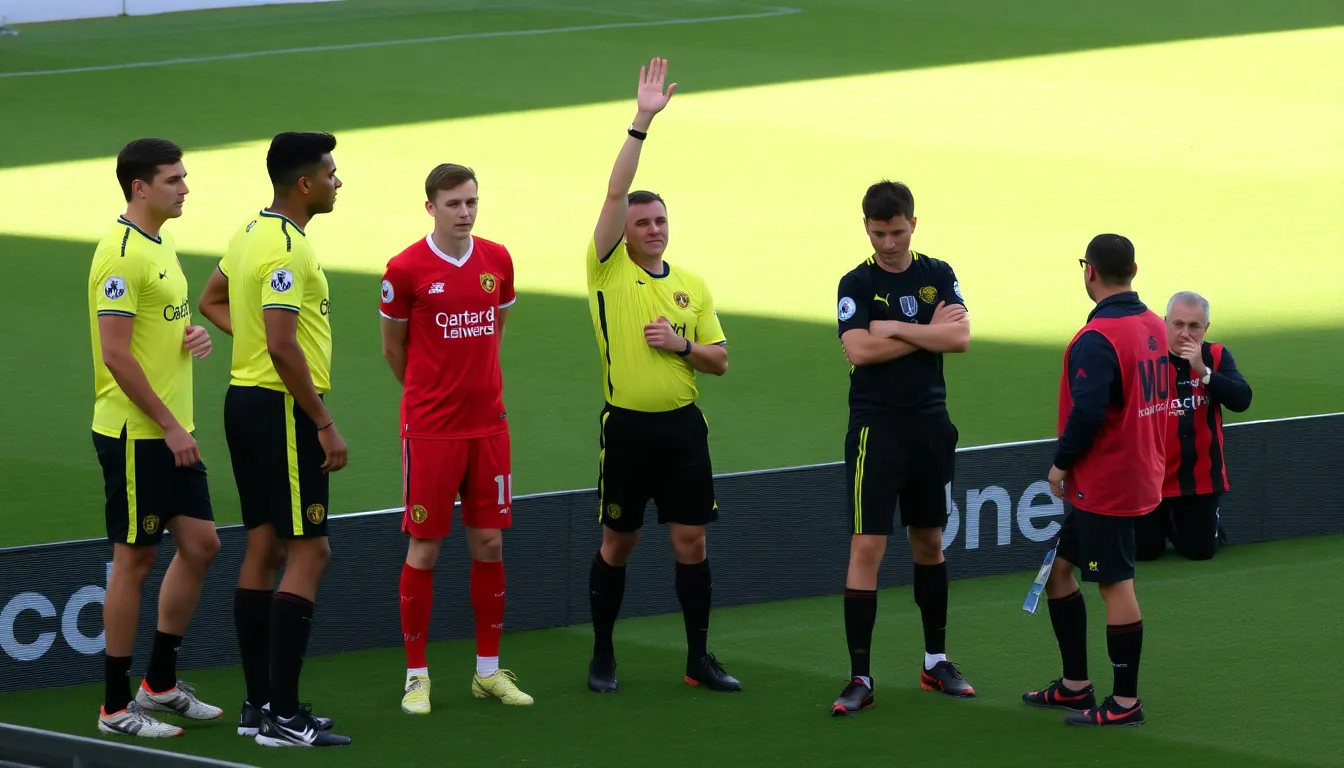 The Premier League match showcasing the tension on the field as players react to the contentious officiating decisions made with the help of VAR technology