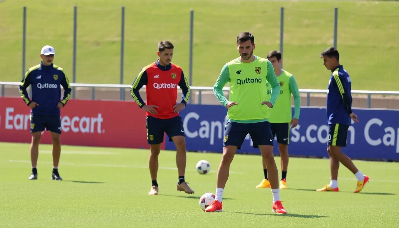 Villarreal's coach discussing tactics with players as they prepare to face off against Elche in an important league clash