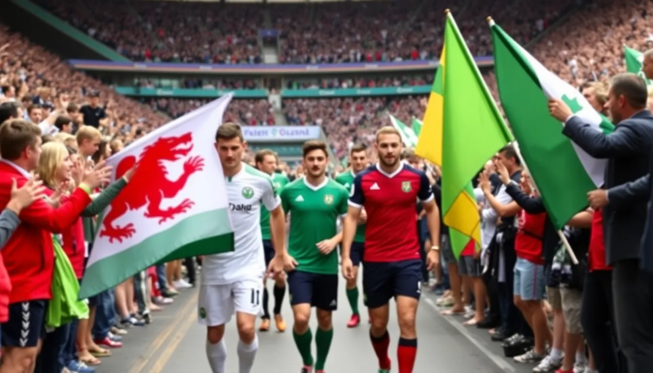 Wales and Northern Ireland players warm up on the pitch at Cardiff City Stadium ahead of their UEFA Euro 2024 qualifying match, with a sparse crowd in the stands reflecting the low stakes of the encounter.