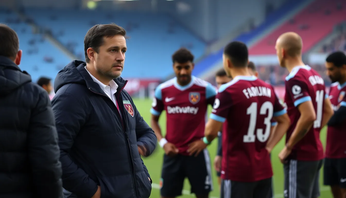 West Ham players gather on the pitch, reflecting the pressure to regroup and enhance their focus as they prepare for upcoming matches