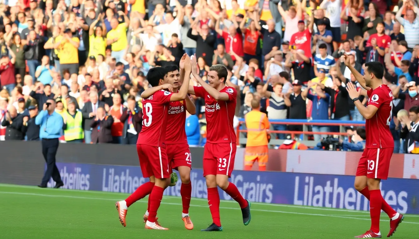 Liverpool players celebrate after scoring a goal against Wolverhampton Wanderers during their Premier League match at Molineux Stadium.