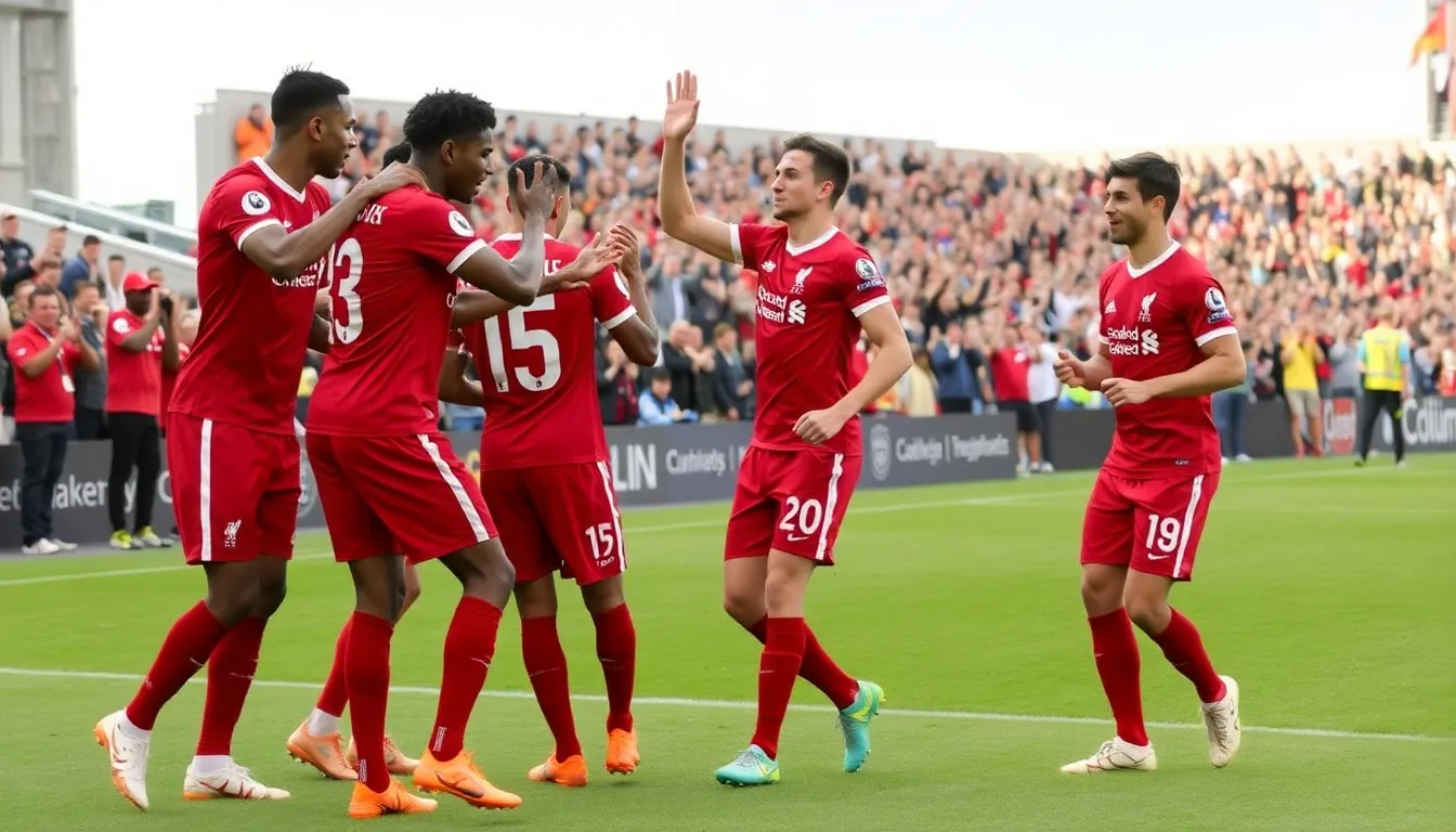 Fans of Liverpool passionately cheering in the stands, reflecting the joy and pride of supporters following their team's significant victory