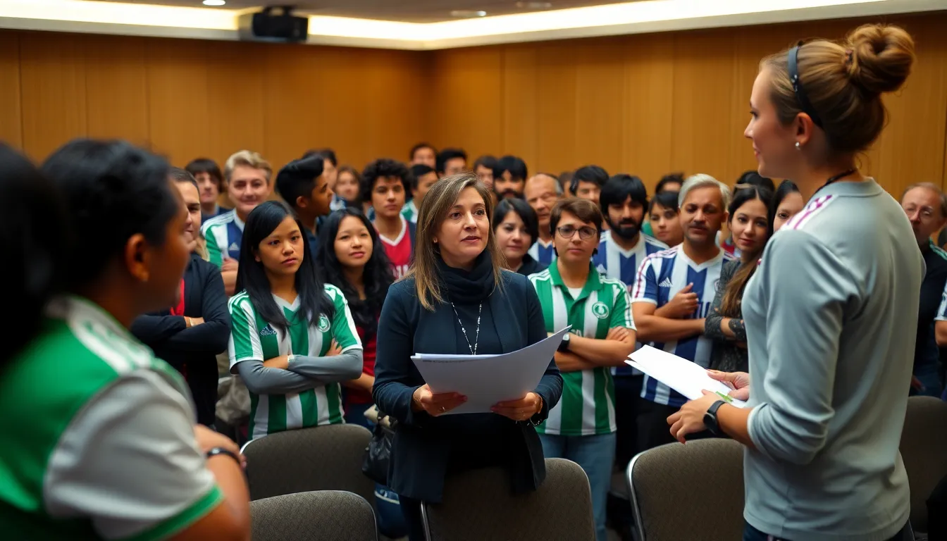 A woman discusses transfer strategies with FC Barcelona management while reviewing player performance data in a busy office setting.