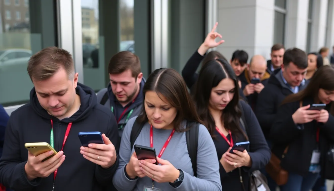 Frustrated fans gather outside a ticketing office, discussing the computer glitches that have disrupted the FIFA World Cup 2026 ticket sales.