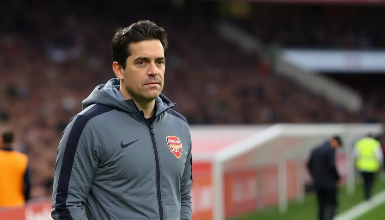 Mikel Arteta stands on the sidelines with a frustrated expression as Arsenal players regroup after a missed scoring opportunity during their match against Manchester City.